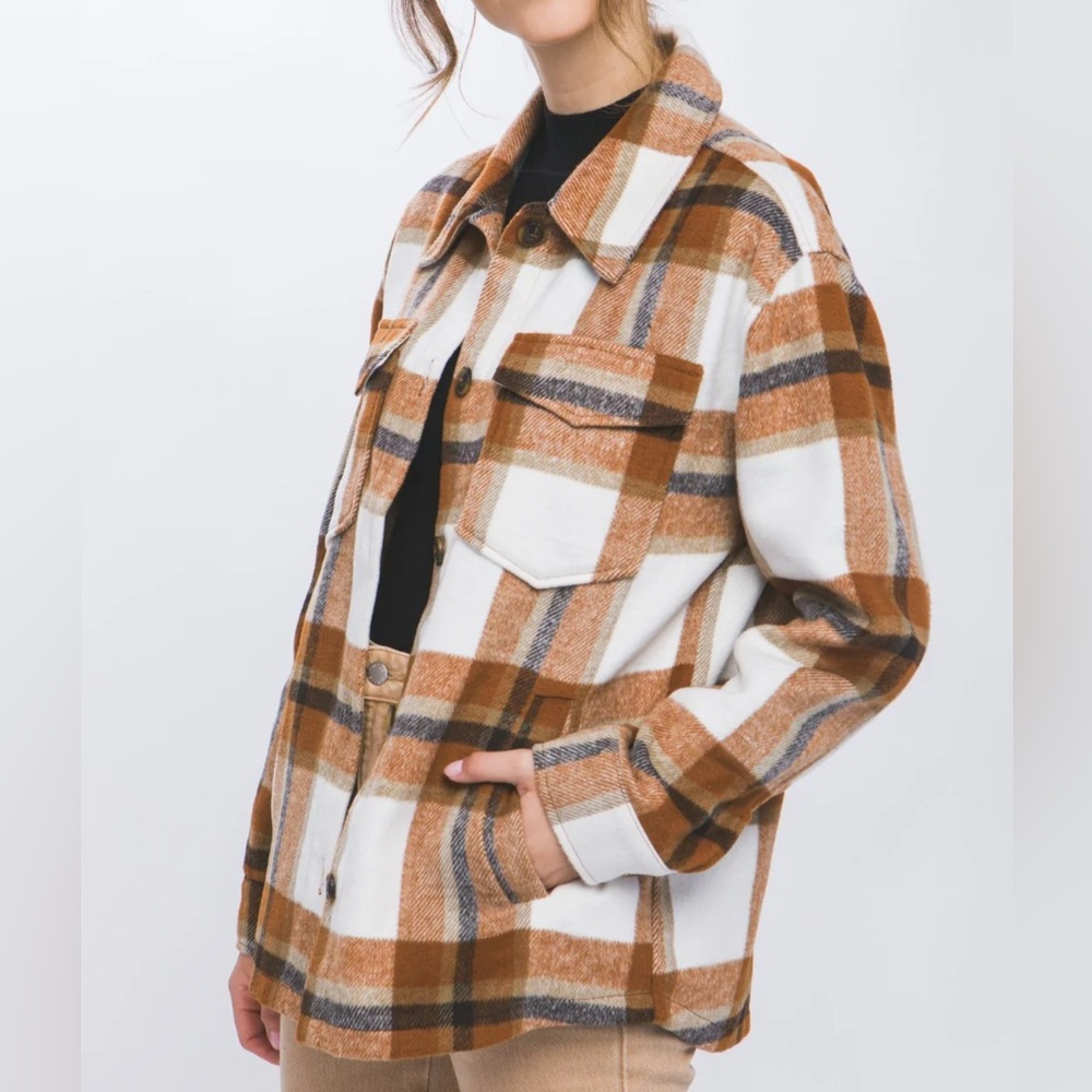 Love Tree Plaid Brown and White Button Up Shacket Sz S